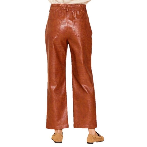 Skies Are Blue Camel Vegan-leather Straight Leg Pants M Embossed - Picture 2 of 9